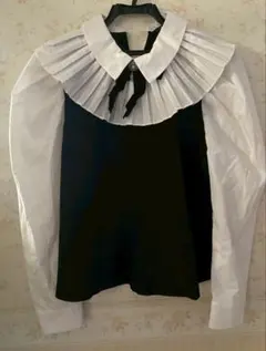 ZARA ザラ 黒と白のプリーツ襟長袖ブラウス