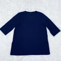 ユニクロ　ミラノリブカットソー　ネイビー Vネック 七分袖　トップス　【L】