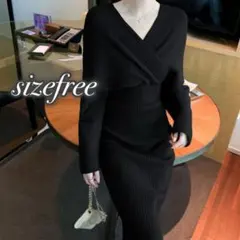 1122 Vネック ブラック 黒 ニットワンピース タイト ニットドレス ロング