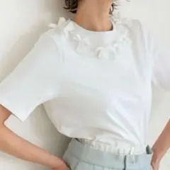 DonobanリボンTee 半袖Tシャツ　チュールリボン装飾　白ホワイト　Mのサムネイル