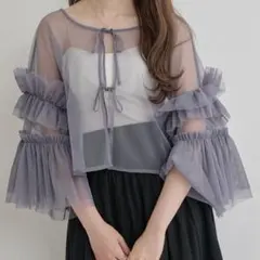 Ambre Neige 2way袖フリルチュールトップス グレーのサムネイル