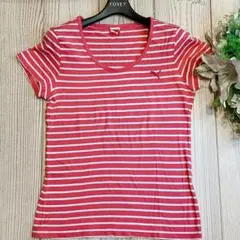 【PUMA】 ボーダーTシャツ (L) ピンク ホワイト ロゴ刺繍 綿100%のサムネイル