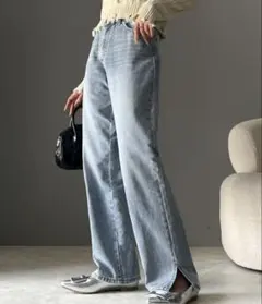 【中古】サイドスリットハイウエストデニムパンツ