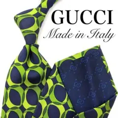 GUCCI グッチ ネクタイ ネイビー グリーン 総柄 幾何学模様 イタリア製