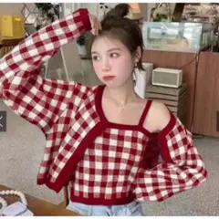 GRL ギンガムチェック ニットカーディガン キャミソール セットアップ レッド