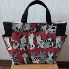 エチノ猫柄 トートバッグ サイドポケット付き
