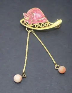 美品 赤サンゴ ブローチ 小ぶりなぼうし 飾り アクセサリー ピンク　レトロ