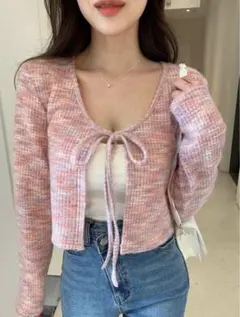 ピンク系 ニット カーディガン クロップド