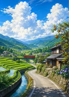 夏の田舎の線路沿いの田んぼ道 水彩画風 風景画 デジタルアート 額縁