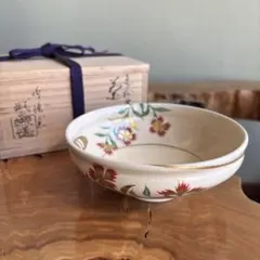 色絵撫子文 橋本城岳造 鳴滝窯 平茶碗 共箱 抹茶碗 茶道具 （1y）