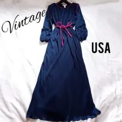 アメリカヴィンテージ　総プリーツロングワンピース　マキシ丈　縄リボンベルト