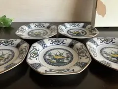 九谷焼　青郊窯　青風　銘々皿　小皿　中皿　八角皿　菓子皿　５枚　染付宝紋花鳥のサムネイル