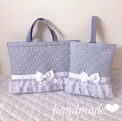 レッスンバッグ.上靴袋2点セット♡ハート柄キルティング(ライトブルー)現品限り‼︎