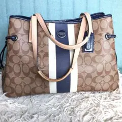 【良品・A4可】COACH コーチ シグネチャー ストライプ トートバッグ 紺