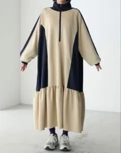 forksy. ハーフジップライン配色トラックジャージワンピース ロング