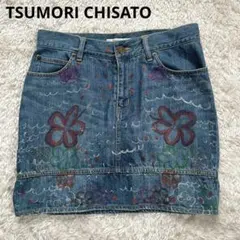【ツモリチサト】デニムミニスカート 手描き風 花柄 総柄 インディゴ 綿100%のサムネイル