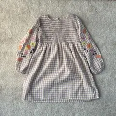 花柄刺繍 紫と黄色のチェック ワンピース 6Y