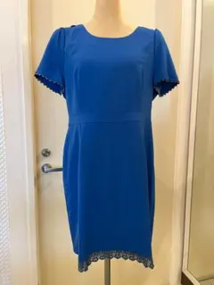 ロイヤルブルー 半袖 ひざ丈ワンピース レース　XL