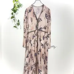 ZARA ザラ マキシ丈 ワンピース 花柄 フェミニン 長袖 ピンクベージュ L