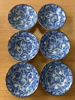 青い花柄の陶磁器お皿 小鉢6個セット