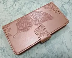 iPhone15 用 スマホケース 手帳型 蝶 花柄 ピンクゴールド