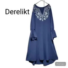 3L 大きいサイズ デアリクト キーネック 刺繍 ロングワンピース くすみブルー