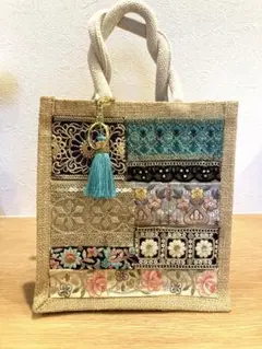 インド刺繍リボン ジュートバッグ A6