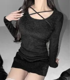 クロスストラップシャギーニットミニワンピース ワンピース