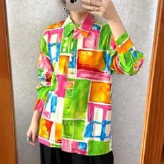 ヴィンテージ レトロ古着 アート柄オーバーシャツ 総柄 金ボタン 日本製 個性的