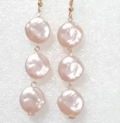 バロックパール3連ピアス　シャンパンピンク