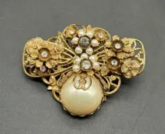 ブローチ　ビンテージ　フラワー　花　パール調　ラインストーン