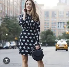 スワン柄 黒 長袖 ひざ丈ワンピース