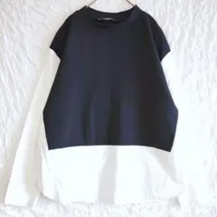 ZARA バイカラー 長袖 異素材カットソー ブラック ホワイト M チュニックのサムネイル