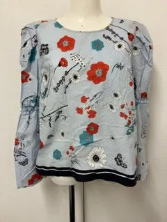 【ZARA BASIC】ストライプ 花柄 蝶々 ボリューム袖 ブラウス