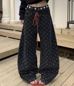 GEMEDA スター柄レースアップワイドデニムパンツ