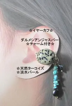 イヤーカフ☆ダルメシアン大粒コイン＆天然石チャームGOLDハンドメイド