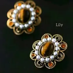 ✨ アンティーク レトロ ピアス タイガーアイ パール ラインストーン 花 茶