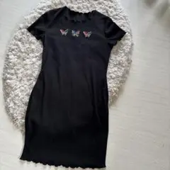バタフライ刺繍 半袖 リブ ミニワンピース ブラック M