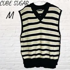 CUBE SUGAR ボーダー Vネック ニットベスト サイドボタン ゆったり