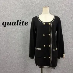 qualite 日本製 ニットジャケット 黒白 金ボタン ノーカラー