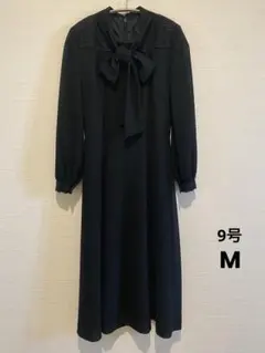 ブラックフォーマル ワンピース 9号 レース リボンデザイン 上品 喪服 礼服