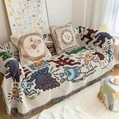 734◇ソファーカバー マルチカバー 北欧 レトロ 総柄 フリンジ ブランケット