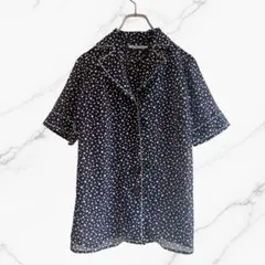 総柄デザインシアーシャツブラウス透け感レトロドット柄水玉ネイビーヴィンテージ古着