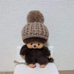 マイチッチ用　ライトブラウン大きめポンポン付きニット帽子