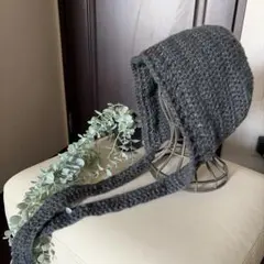 ☆crochet シンプル ボンネット ニットフード☆シャドウグレー