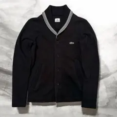 【美品】LACOSTE ショールカラー カーディガン ブラック ワンポイントロゴのサムネイル