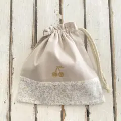 現品☆リバティ メドウテイルズイエロー×ミルクティ×さくらんぼワッペン コップ袋