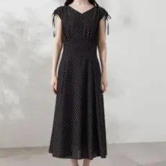 新品】ドロスト肩リボン付きウエストシャーリング麻タッチワンピース 