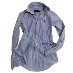 【春夏コーデ 青×白】ラルフローレン 長袖シャツ ストライプ ブルー ロゴ刺繍