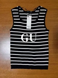 新品 GU ボーダー サマーニット ノースリーブ リブタンク ブラック 黒
